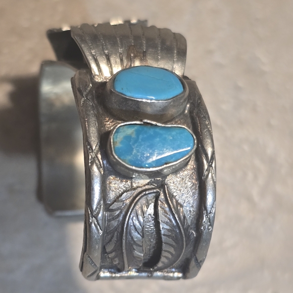 Vintage Navajo Turquoise and Silver Watch Cuff Bracelet Hand Crafted Jewelry - Picture 3 of 5